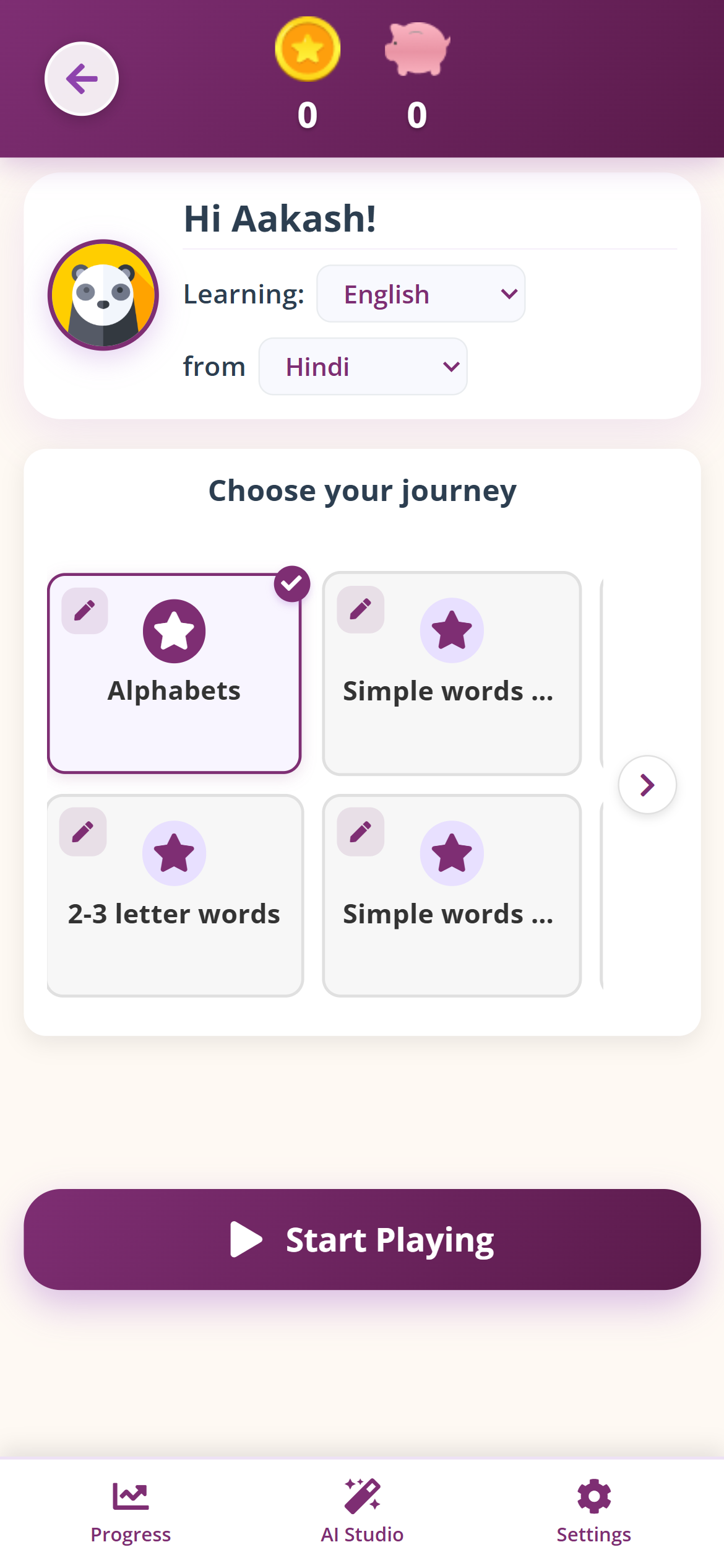 AlphaKhoj app showing personalized learning journey selection with options like Alphabets and Simple words