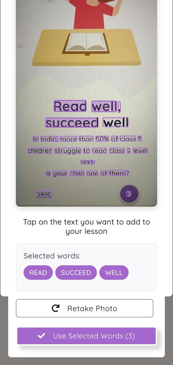 A phone camera scanning a physical book to customize content in the AlphaKhoj app