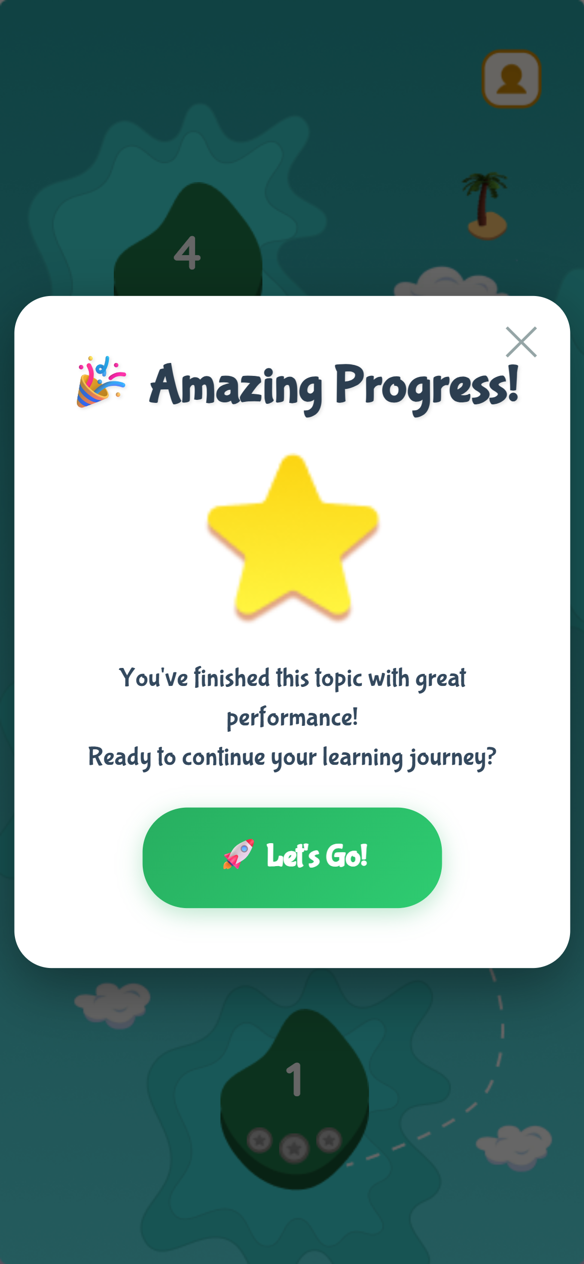 Completion dialog with Amazing Progress message