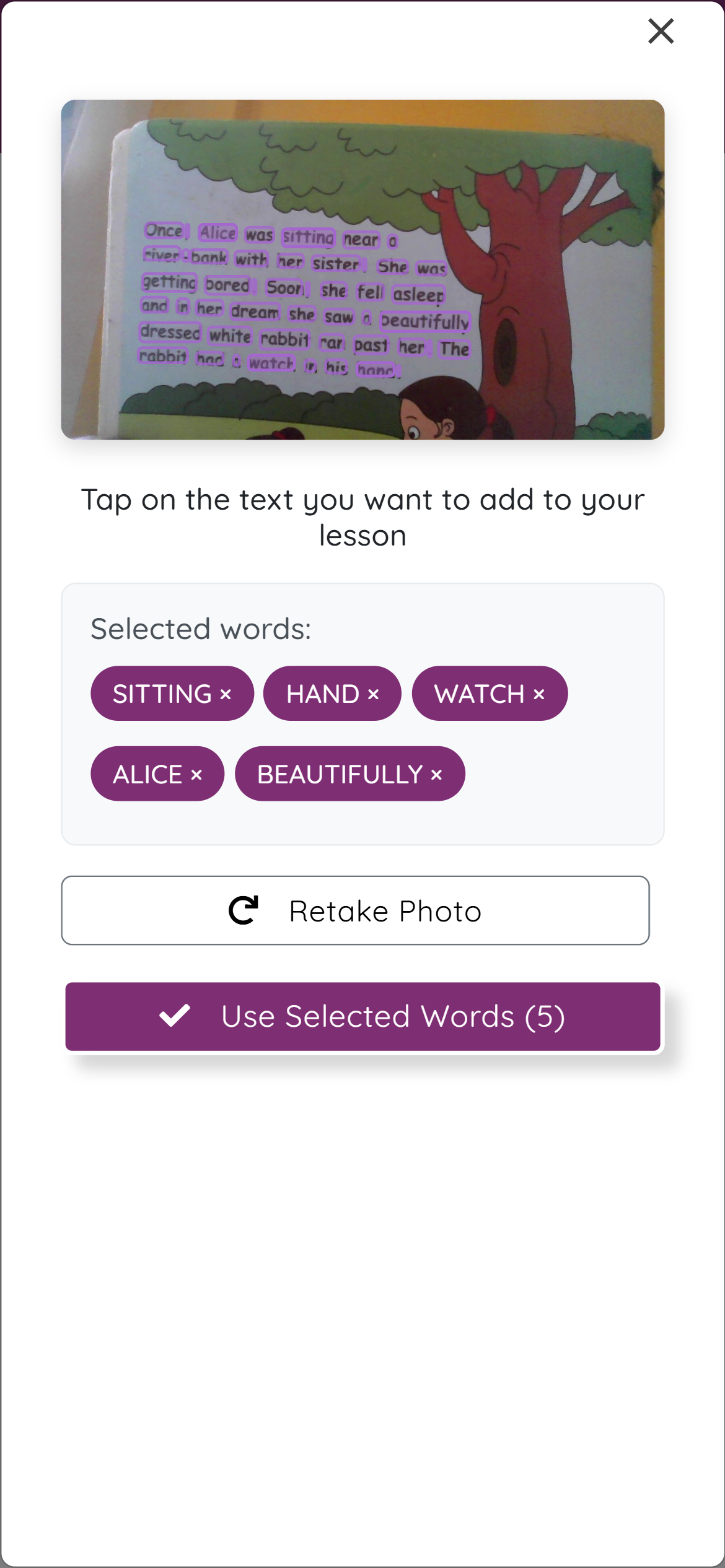 OCR scanner interface showing camera view