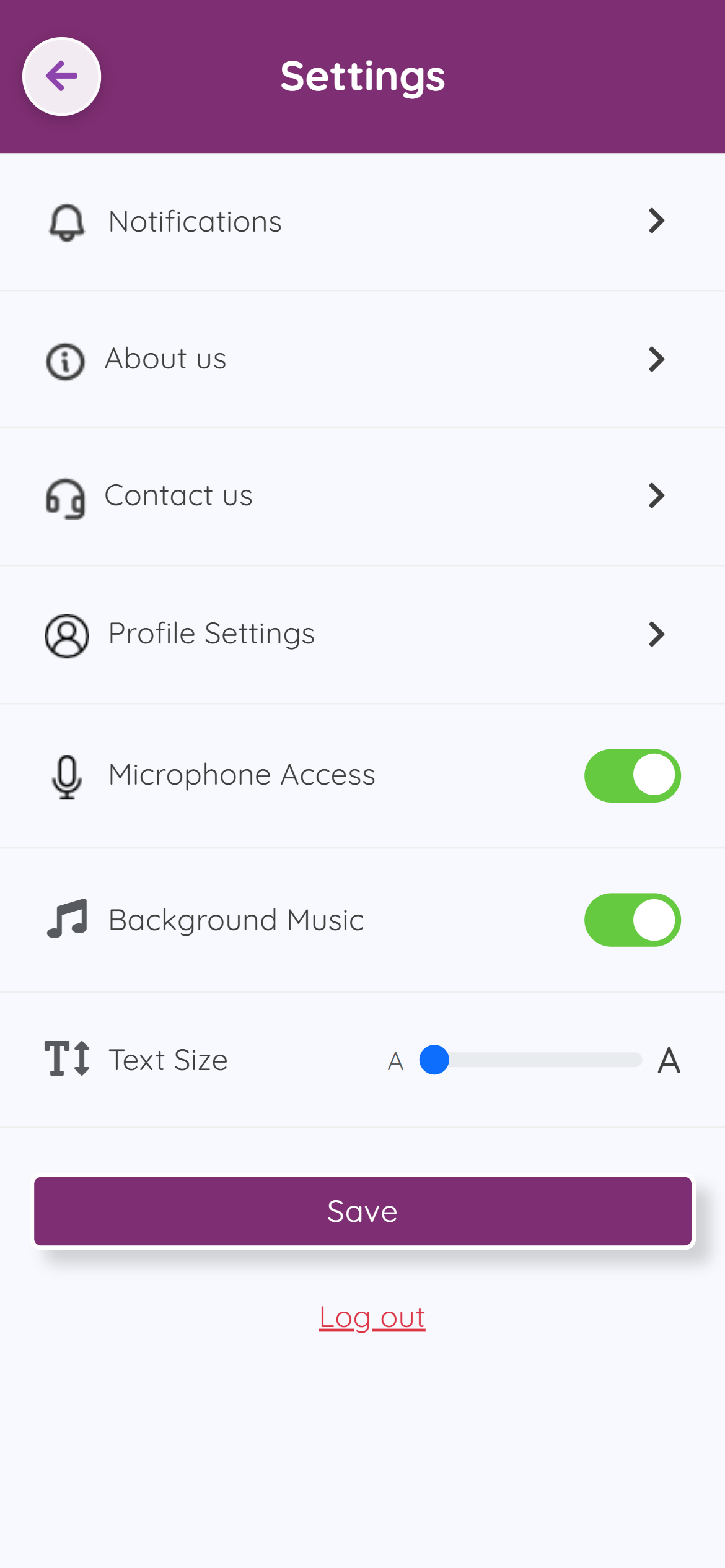 Settings menu