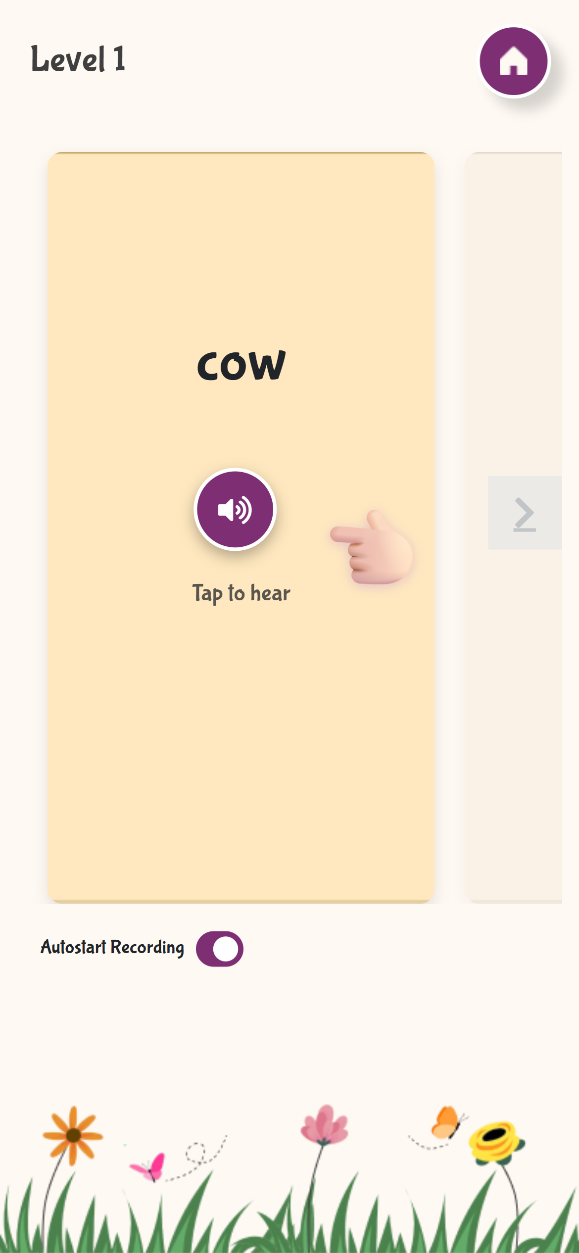 Hear and Repeat interface showing word, audio controls, and microphone